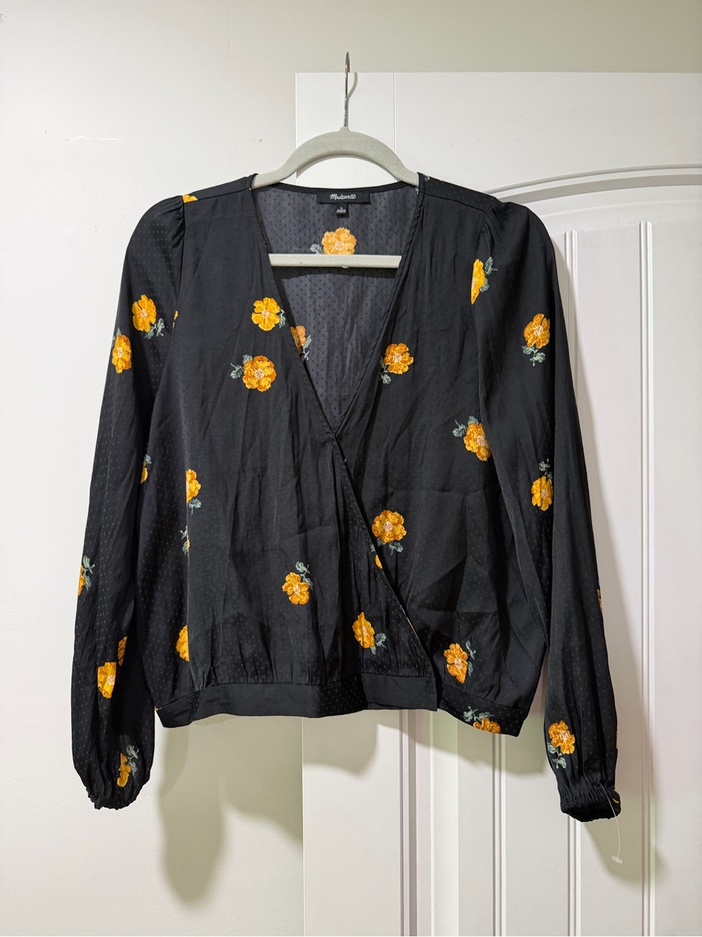 Madewell Black Wrap Blouse with Yellow Floral Print Size L VGUC